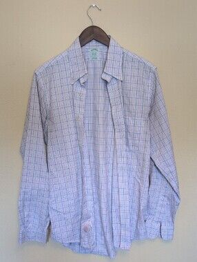 Brooks Brothers Men's Light Blue and Purple Windowpane Dress Shirt 15.5 / 33